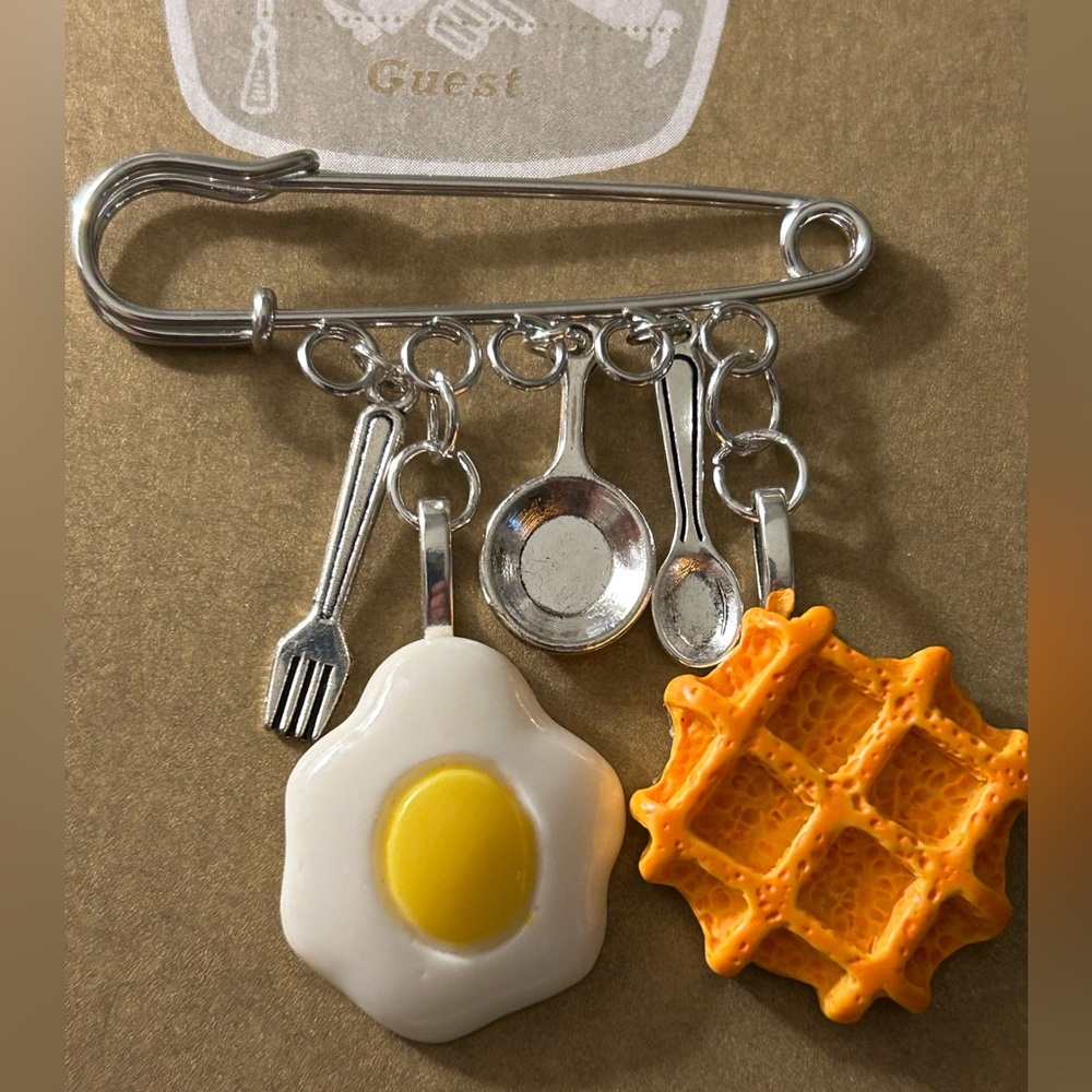 NWOT Safety Pin Brooch: “Room Service” Charms waffle, Egg 🍳, utensils